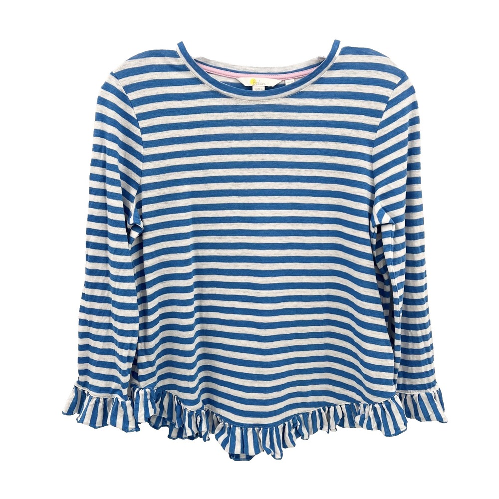 BODEN Womens Sz 6 Blue/White Striped 100% Linen Long-Sleeve Ruffle Hem Top Shirt